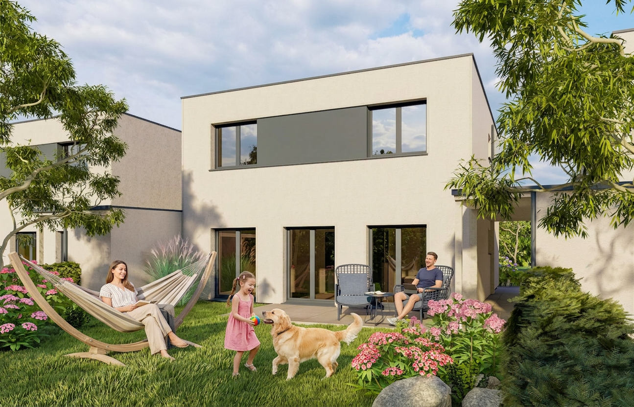 Visualisierung eines modernen Hauses der Wohnanlage Rakete mit Garten und Familie